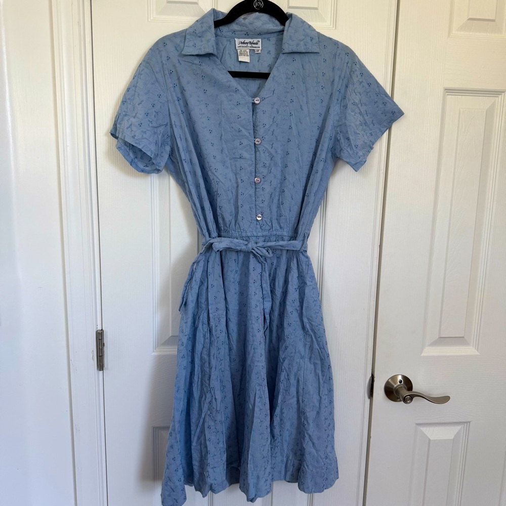 Anthony Richards Blue Button-Up 100% Cotton Eyelet Shirt Dress Women’s 12P EUC